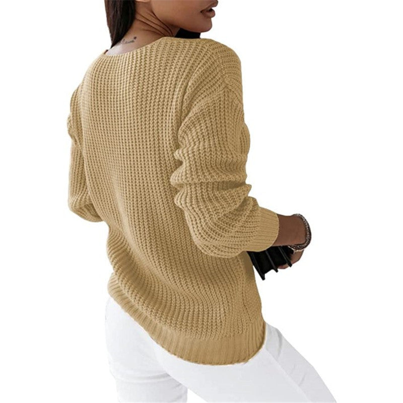 Damen nan grob gestrickter V-Ausschnitt Pullover mit Zopfmuster und lockerer Silhouette EB