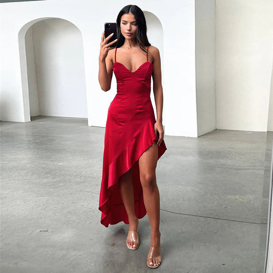 Damen Elegantes Abendkleid mit tiefem V-Ausschnitt und fließendem Rock EB