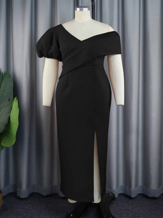 Damen Elegantes Maxikleid mit asymmetrischem Ausschnitt und voluminösen Puffärmeln EB