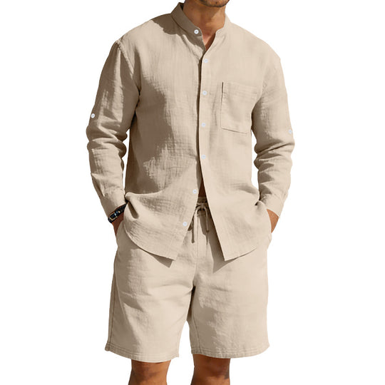Herren nan sommerliches Leinen-Set mit Stehkragenhemd und Kordelzug-Kurzhose EB