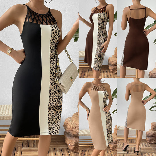 Damen elegantes figurbetontes Kleid mit Cut-Out-Details und Leopardenmuster EB