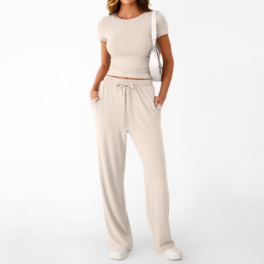Damen lässiger Freizeitanzug mit kurzen Ärmel und weiten Hosen EB
