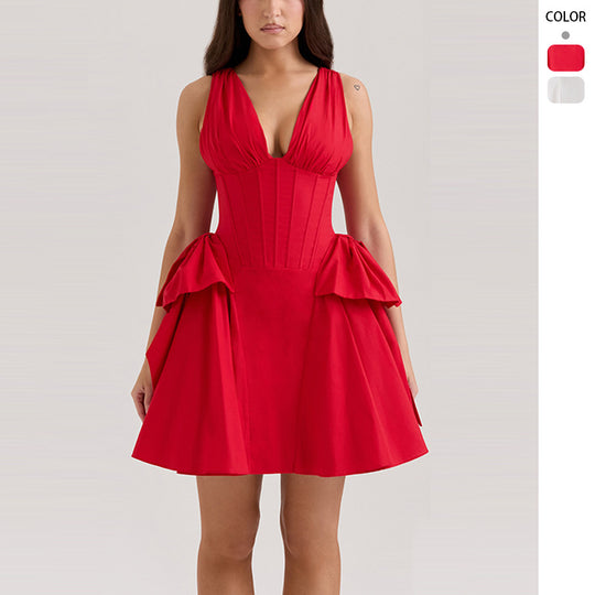 Damen Abendkleid mit tiefem V-Ausschnitt und voluminösem Rüschendesign EB