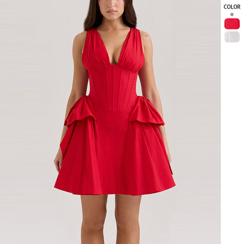 Damen Abendkleid mit tiefem V-Ausschnitt und voluminösem Rüschendesign EB