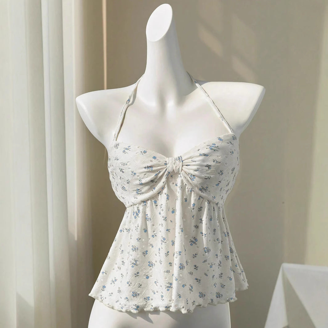 Damen romantisches Strandtop mit floralem Design und verspieltem Knoten EB