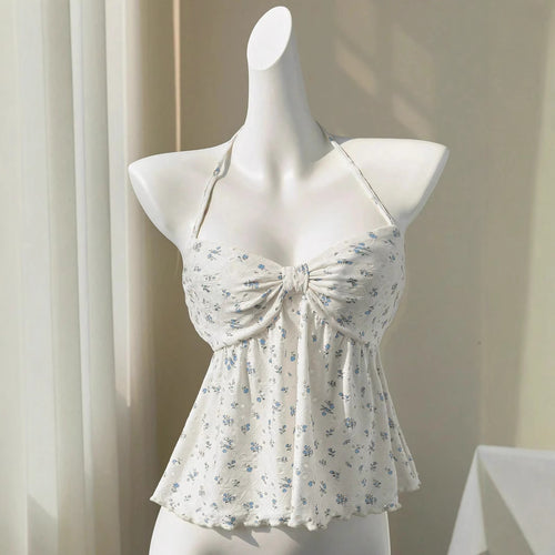 Damen romantisches Strandtop mit floralem Design und verspieltem Knoten EB