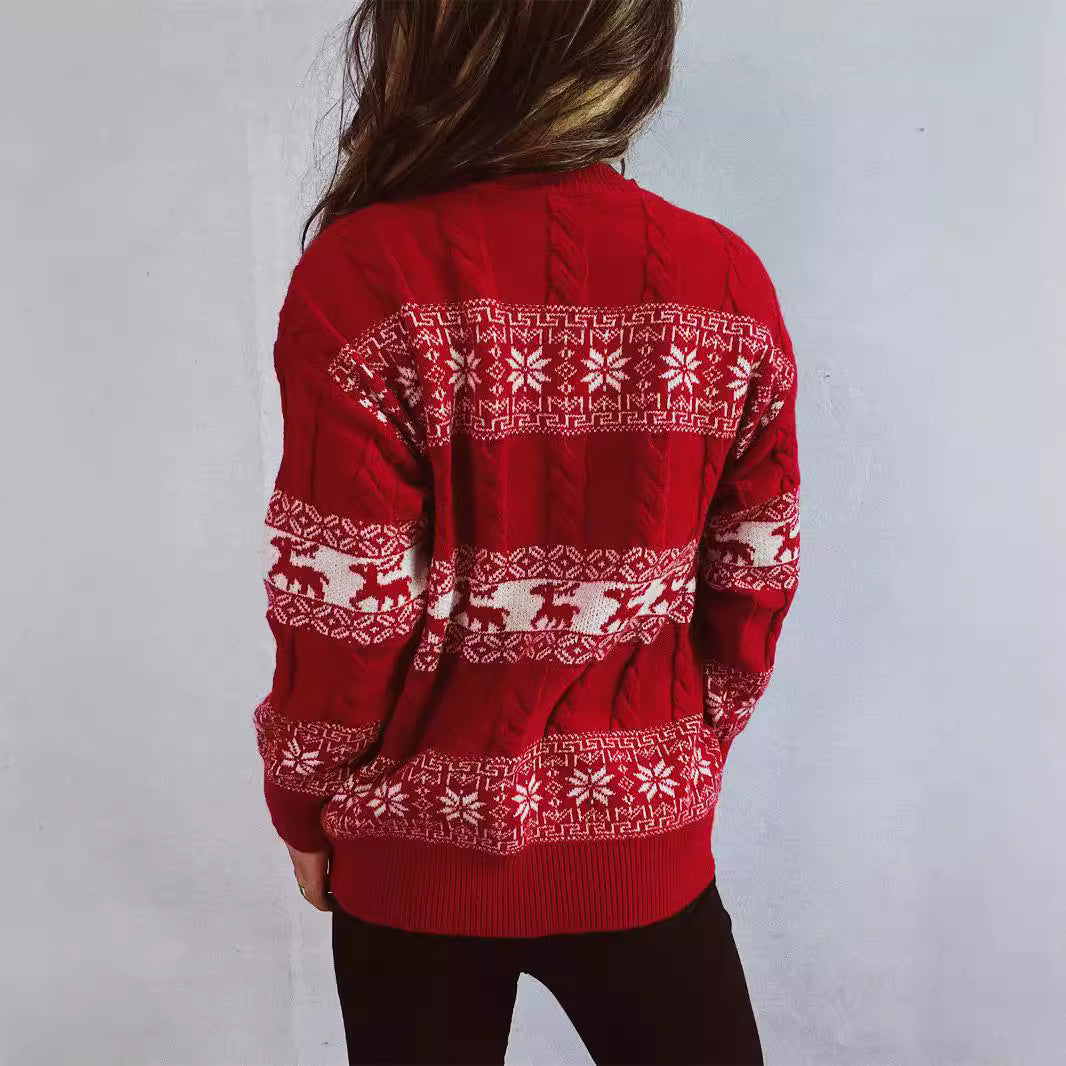 Damen Strickpullover mit festlichem Rentier-Motiv und Zopfmuster EB