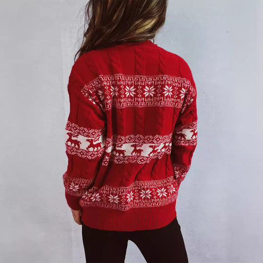 Damen Strickpullover mit festlichem Rentier-Motiv und Zopfmuster EB