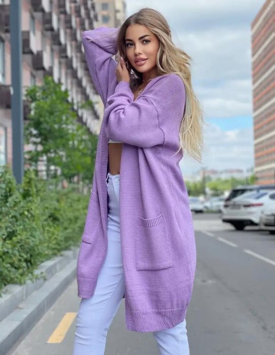 EB | Strickjacke Lockere Passform Offene Front Taschen Langes Modell