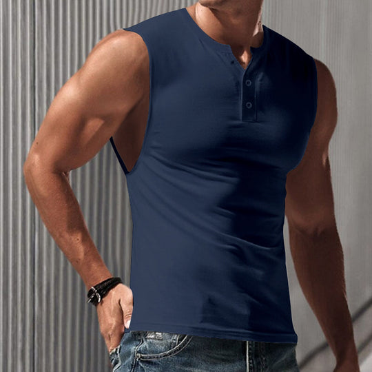 Herren nan ärmelloses Muskelshirt mit Henley-Knopfleiste, tiefem Armausschnitt und elastischem Baumwollmix EB