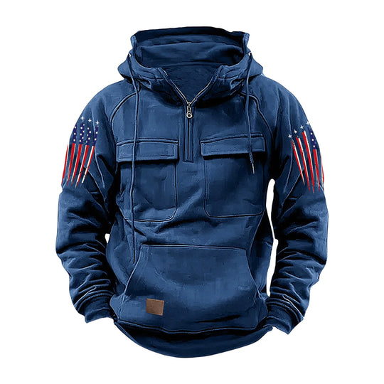 Herren nan Kapuzenpullover mit Halbzip, Cargo-Brusttaschen und Kängurutasche EB