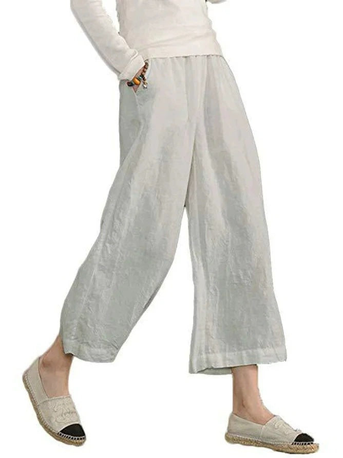 Damen weite Leinenhose mit seitlichen Taschen und elastischem Bund EB
