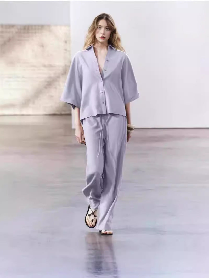Damen elegantes Blusen und Hose Ensemble aus atmungsaktivem Stoff EB