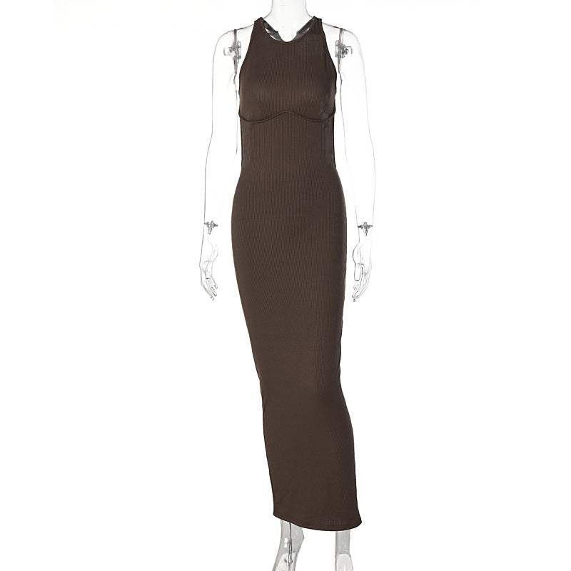 Damen körpernahes Strick-Maxi-Kleid mit raffiniertem Ausschnitt und langen Trägern EB