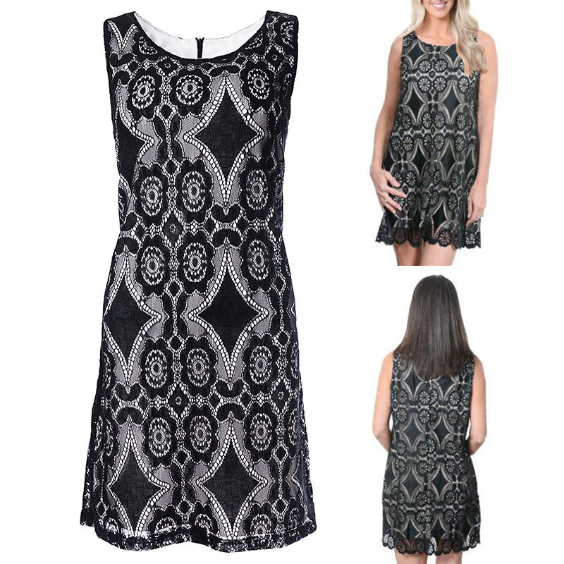 Damen Spitzenkleid mit floralen Mustern und Schlüsselloch-Ausschnitt EB
