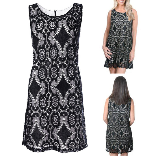 Damen Spitzenkleid mit floralen Mustern und Schlüsselloch-Ausschnitt EB