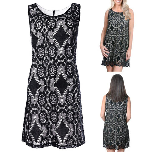 Damen Spitzenkleid mit floralen Mustern und Schlüsselloch-Ausschnitt EB
