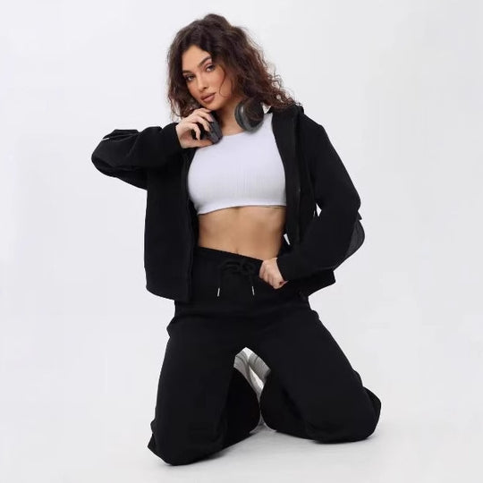 Damen nan zweiteiliges Cozy-Loungewear-Set mit Reißverschlusskapuze, taillenhoher Weitbein-Jogger und verdeckten Eingrifftaschen EB