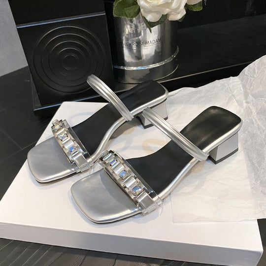 Damen elegante Mules mit gekreuzten Riemen und Blockabsatz EB