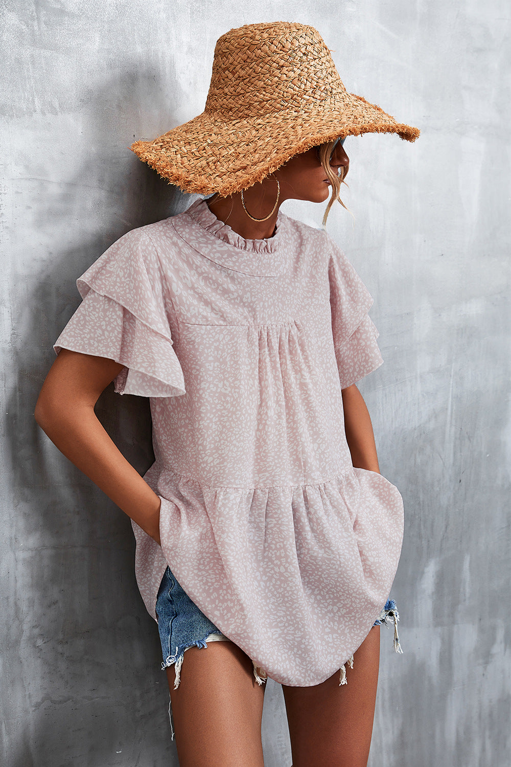 Damen luftiges Freizeitkleid mit voluminösen Rüschen und hohem Stehkragen EB