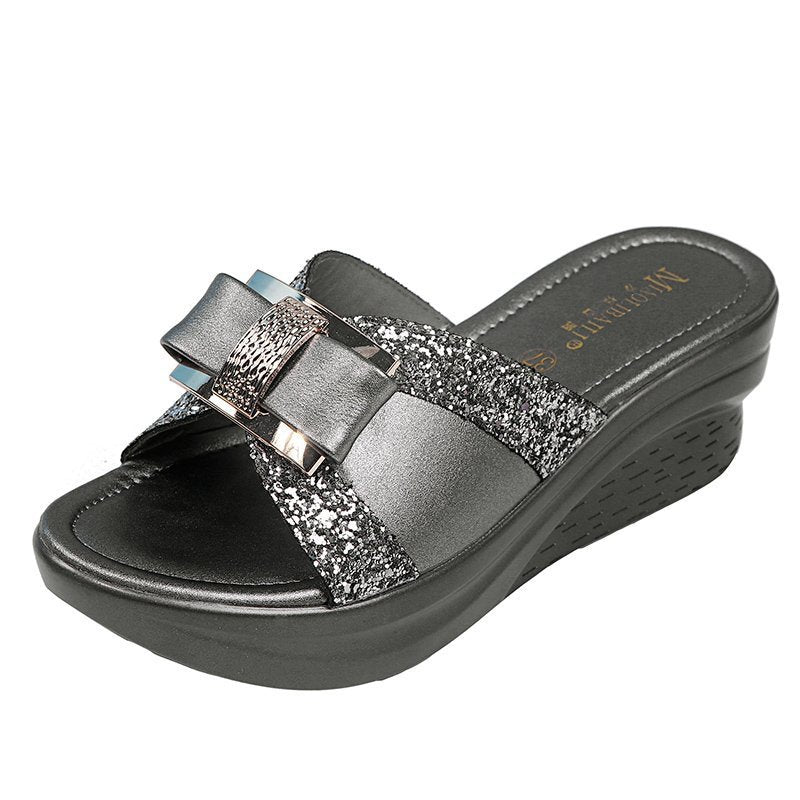 Damen Glitzernde Wedge-Pantoletten mit dekorativem Schleifen-Design EB