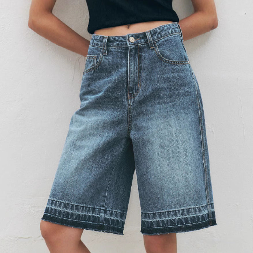 Damen Hoch taillierte Denim-Shorts mit weitem Bein und modischer Struktur EB