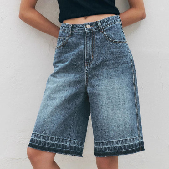 Damen Hoch taillierte Denim-Shorts mit weitem Bein und modischer Struktur EB