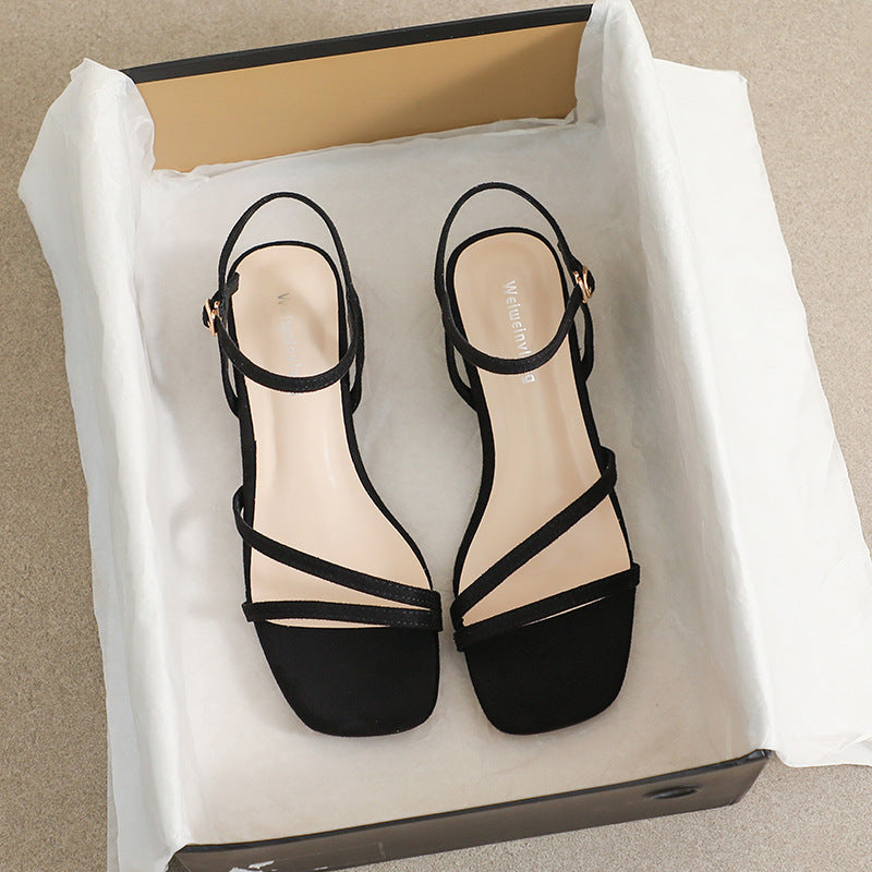 Damen Elegante Fußbett-Sandalen mit dünnen Riemen und modischem Blockabsatz EB