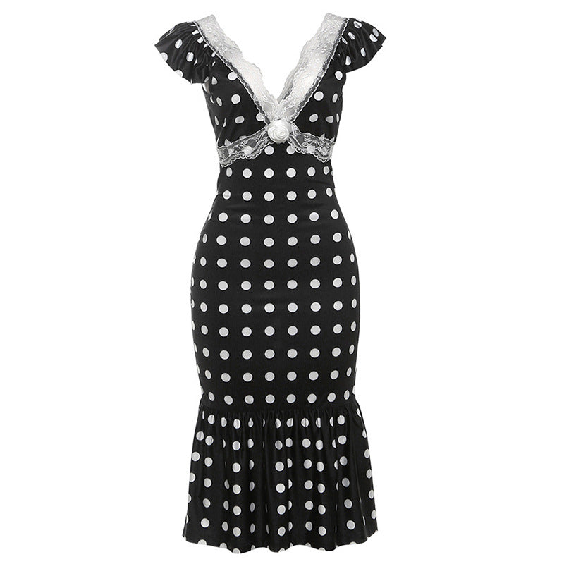 Damen Figurbetontes Polka-Dot Kleid mit Spitzenapplikation EB