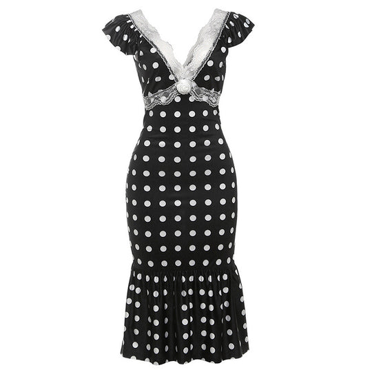 Damen Figurbetontes Polka-Dot Kleid mit Spitzenapplikation EB