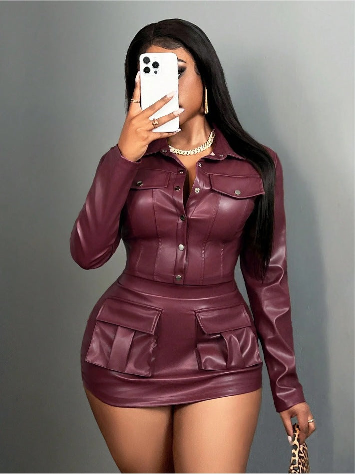 Damen Kunstleder Minikleid mit praktischen Klappentaschen EB
