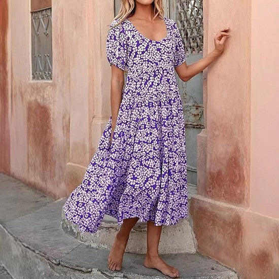 Damen Maxi-Kleid mit floralem Design und voluminösem Rock EB