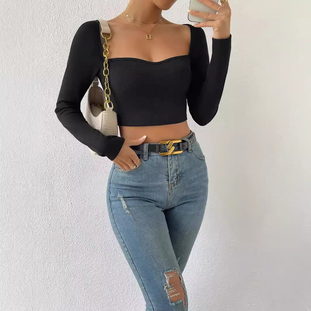 Damen Figurbetontes geripptes Kurzshirt mit herzförmigem Ausschnitt EB