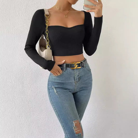 Damen Figurbetontes geripptes Kurzshirt mit herzförmigem Ausschnitt EB