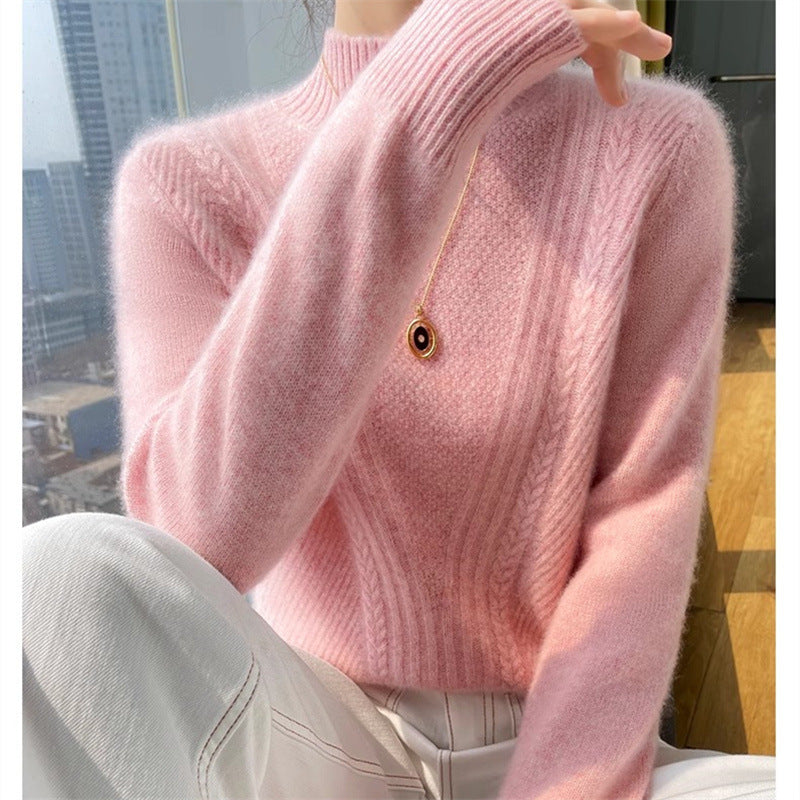 Damen Strickpullover mit hohem Kragen und Zopfmuster EB