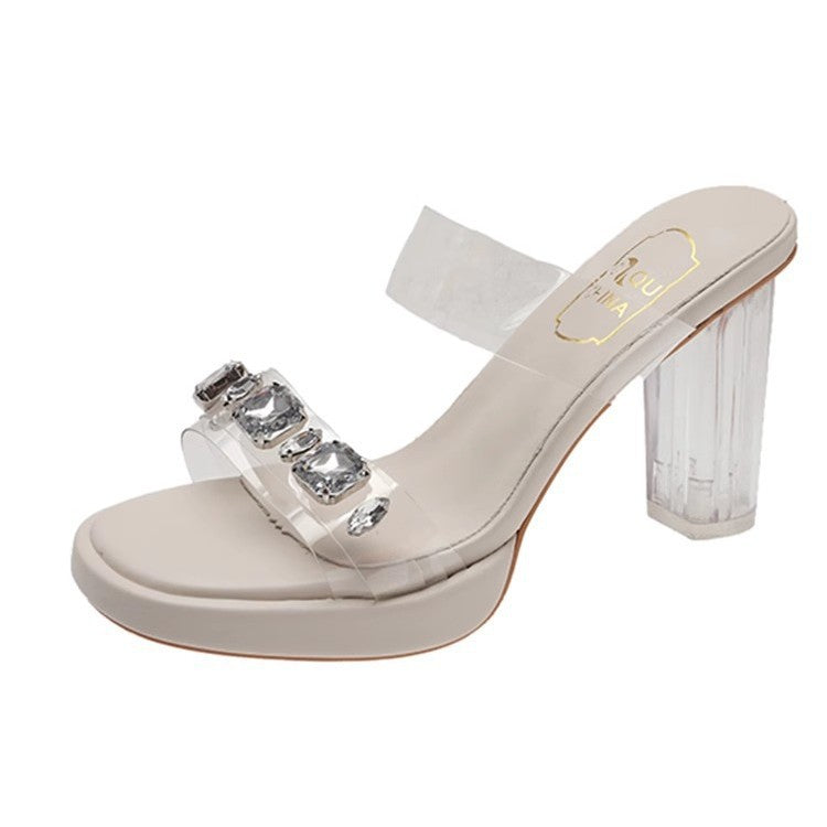 Damen Glamouröse Plateau-Sandalen mit durchsichtigen Riemen und funkelnden Kristall-Akzenten EB