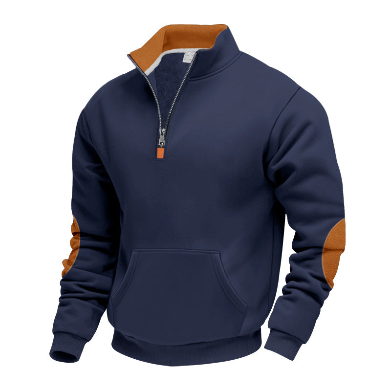 Herren nan isolierter Halbzip-Pullover mit Stehkragen Fleece-Innenfutter Kängurutasche und Wildleder-Ellenbogenpatches EB