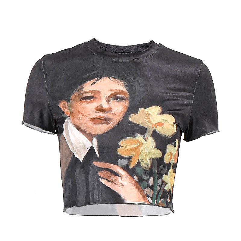 Damen cropped T-Shirt mit künstlerischem Druck und figurbetonter Passform EB