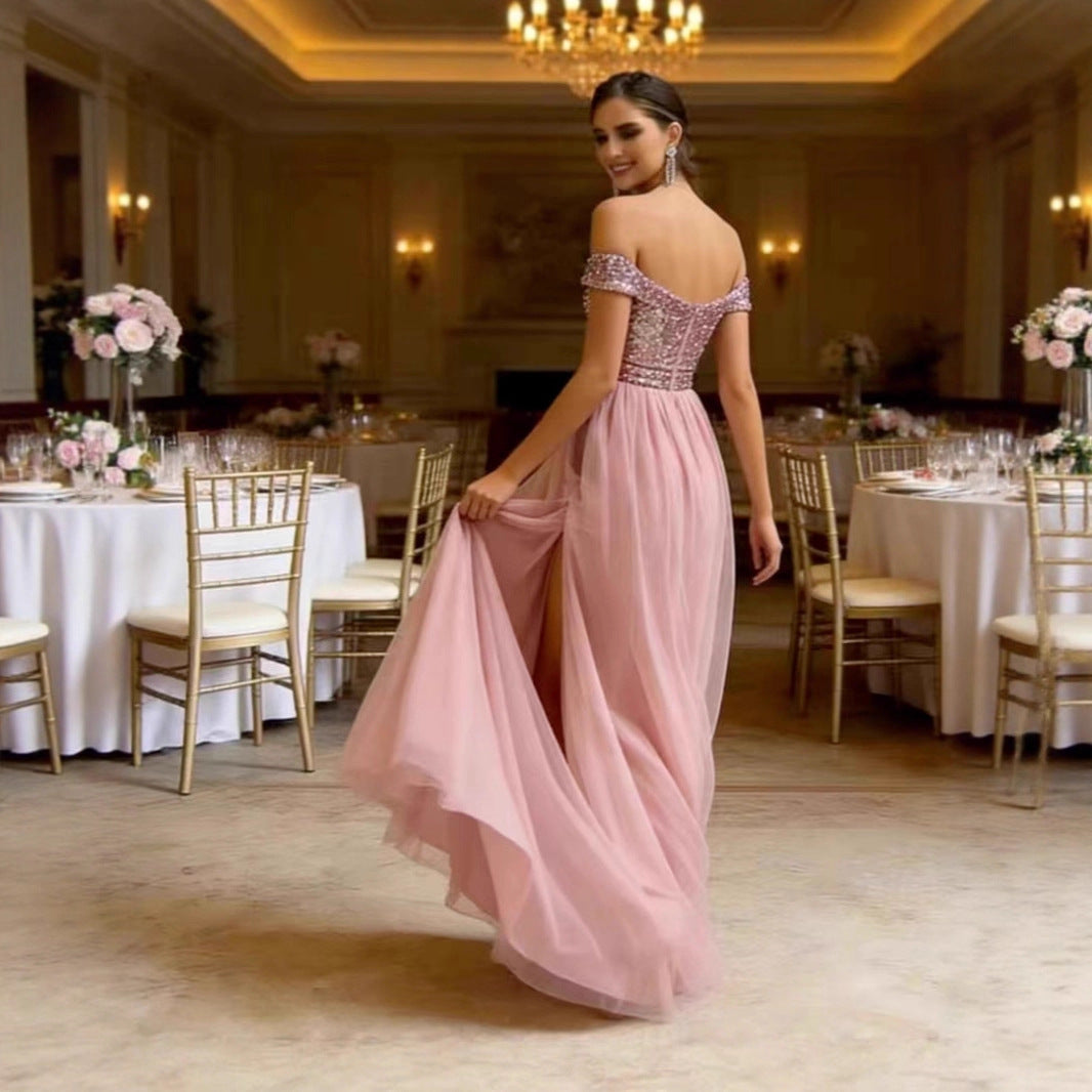Damen Elegantes Abendkleid mit schulterfreiem Design und funkelnden Applikationen EB