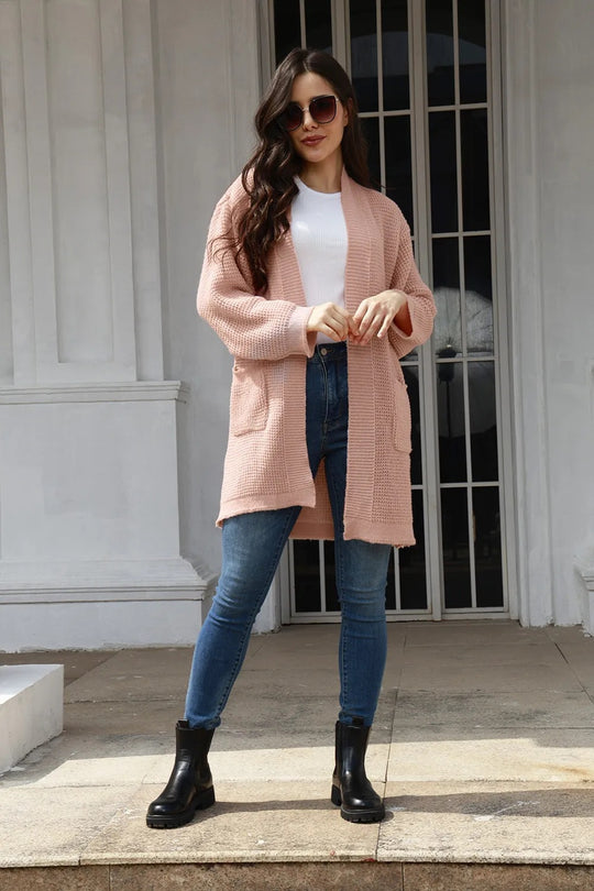 Damen lässiger Strickcardigan mit offenen Taschen und modernem Waffelmuster EB