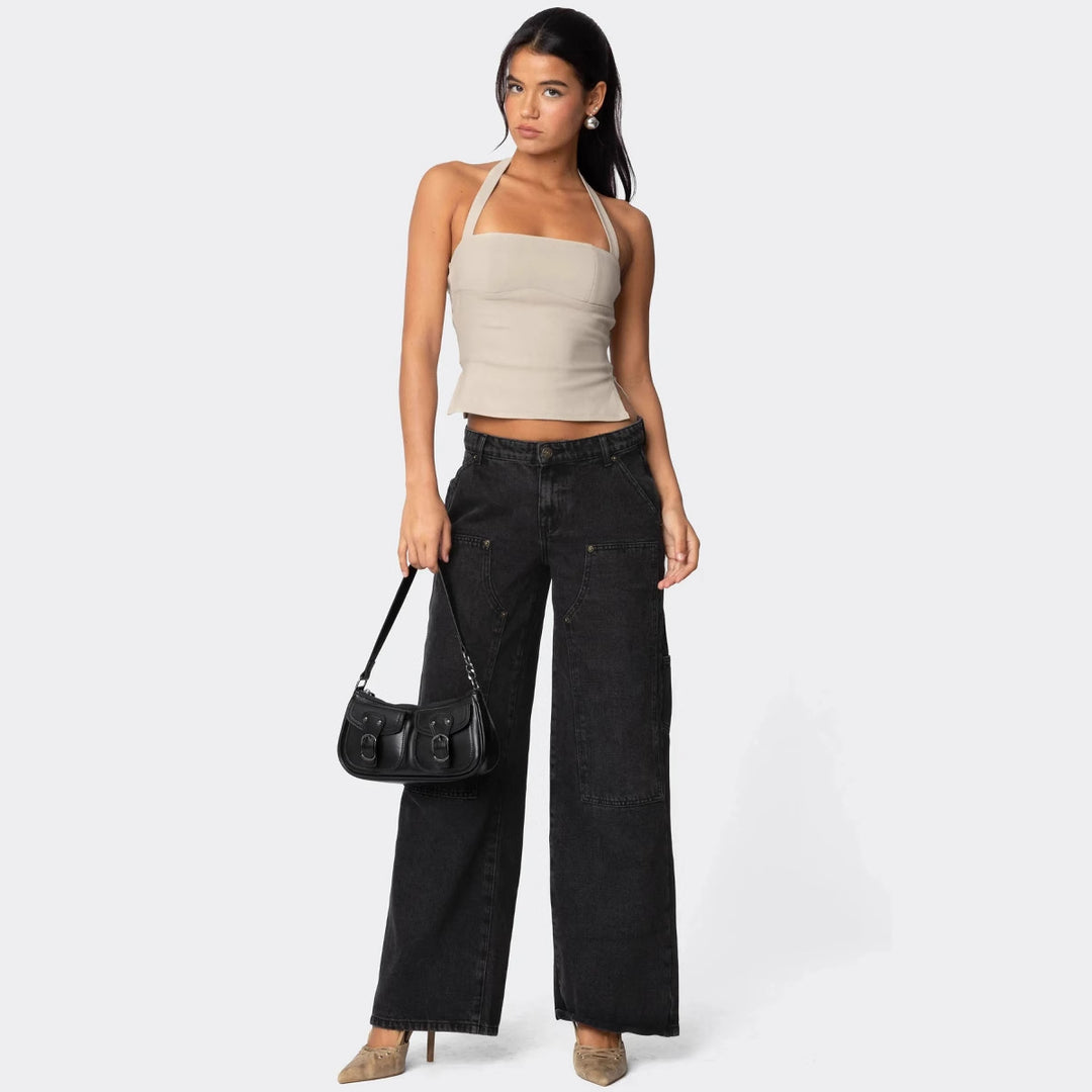 Damen Weit geschnittene Utility-Jeans mit praktischen Taschen und hohem Bund EB