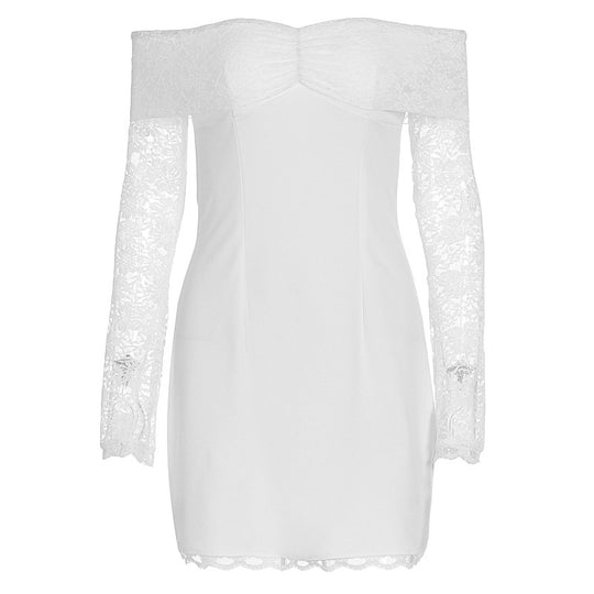 Damen Off-Shoulder Kleid mit Spitzenärmeln und figurbetontem Schnitt EB