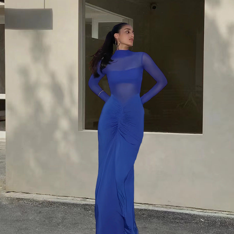 Damen Elegantes Maxikleid mit transparenten Ärmeln und raffinierter Drapierung EB