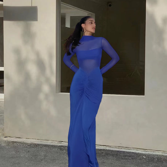 Damen Elegantes Maxikleid mit transparenten Ärmeln und raffinierter Drapierung EB