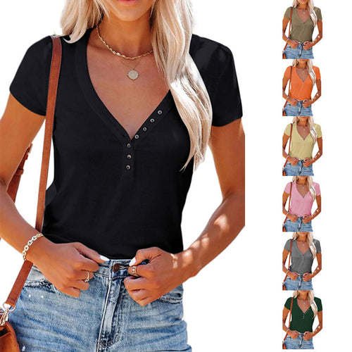 Damen Kurzärmliges V-Ausschnitt T-Shirt mit dekorativen Knöpfen EB