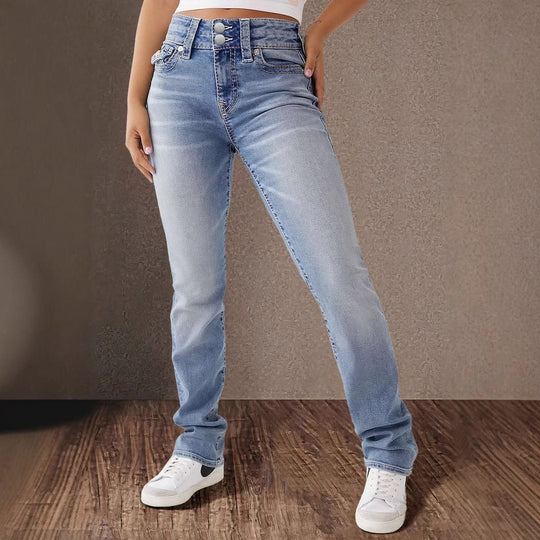 Damen High-Waist Slim Fit Jeans mit elegantem Knopfdetail EB
