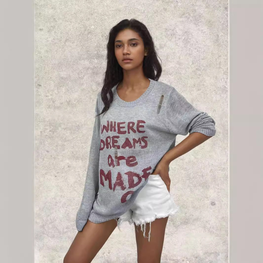 Damen Oversized Pullover mit kreativen Schriftzügen und raffinierten Details EB