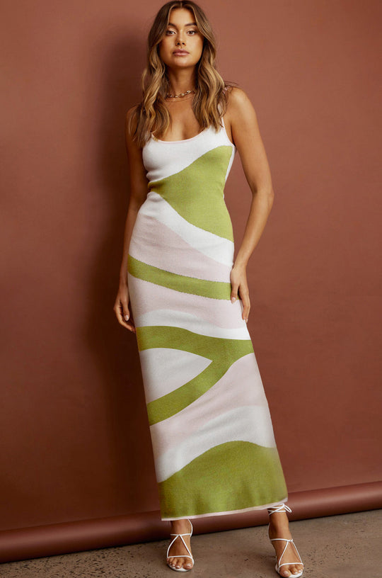 Damen Designer-Midi-Kleid mit stilvollem Grafikmuster EB