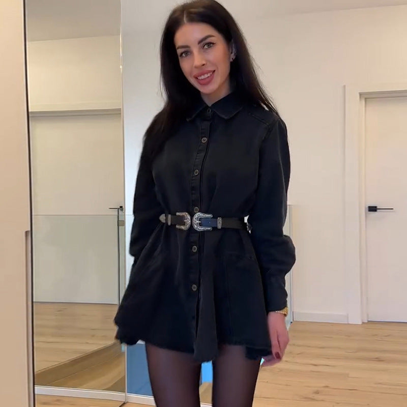 Damen Denim Knopfkleid mit tailliertem Schnitt und Gürtel EB