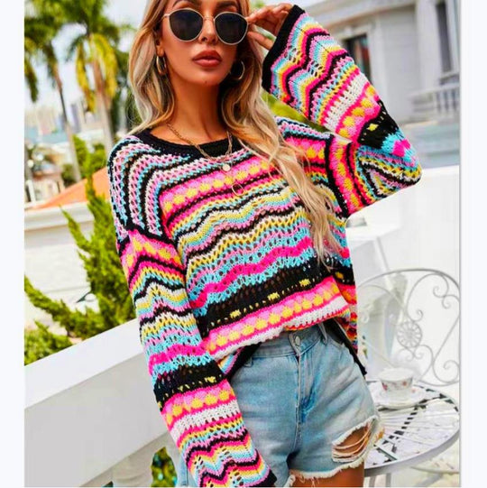 Damen Strickpullover mit buntem Zickzackmuster EB